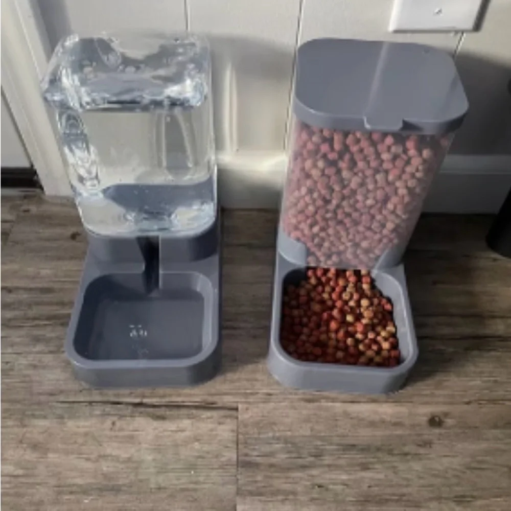 Gray Pet Food and Water Dispenser Set